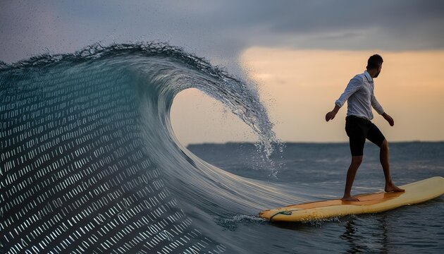 Businessman surfing the digital wave of binary numbers, a silhouette symbolizing navigating the digital world
