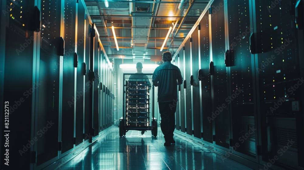 Poster modern data center: engineers and it professionals working on a pushcart to install new hardware. da