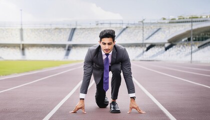 businessman on a treadmill at the stadium ready to start of competition. Office workers vie for promotion at work. Race for first place, leadership concept