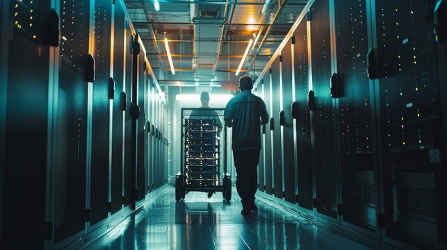 Modern Data Center: Engineers and IT professionals working on a pushcart to install new hardware. Database specialists performing maintenance and diagnostics.