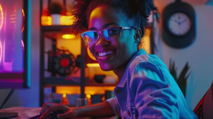 Obraz premium An excited black gamer girl is playing a video game on her PC. The room and PC are lit by blue neon leds.