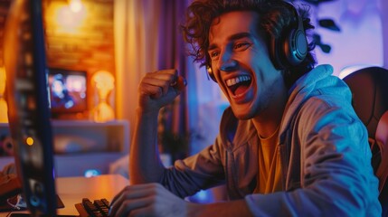 Beautiful young man watching Action Video on Computer. He has a big smile on his face. He is happy. Warm light fills the room.