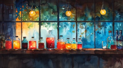 Cozy CafÃ© Atmosphere with Multi-Functional Beverage Warmers: Lively Watercolor Illustration of Various Drinks Being Warmed