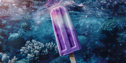 Delicious and refreshing white-purple ice cream under the surface of the water, surrounded by corals and sea plants.
