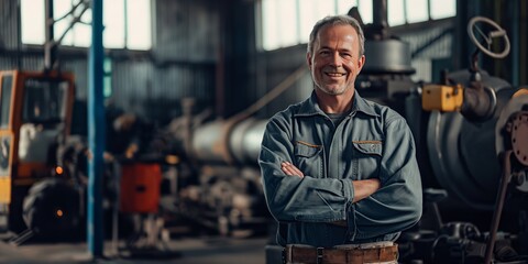 A smiling, confident mechanic posing in a blue uniform at an industrial workshop