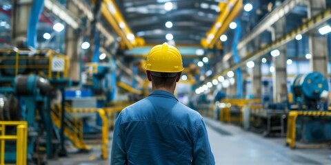 A rear view of a factory worker wearing a yellow safety helmet standing amidst heavy machinery