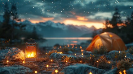 Energizing Espresso Moments: Battery-Operated Warmers in Cozy Camping Adventure with Glowing Campfire, Tent, and Starry Sky