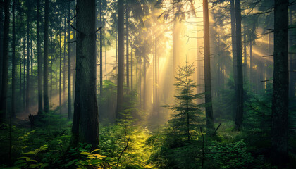 Obraz premium Sun rays in misty forest