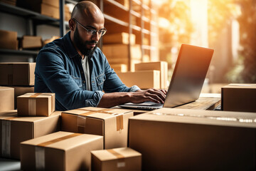 entrepreneur working on a laptop surrounded by packages