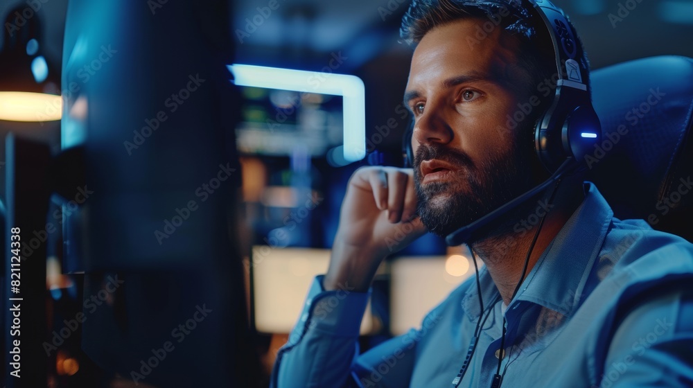 Poster a customer service representative answers customers' questions using a headset. he works for a large