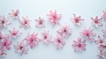 pink spring or summer flowers arranged delicately on a light pink background, evoking a sense of freshness and romance.