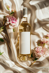 Top view of white wine bottle with blank label mock-up on luxurious silk fabric in sunlight with fresh pink flowers, Generative AI