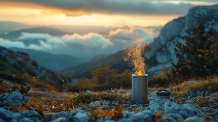 Energizing Espresso Delight on Mountain Hiking Trail | Battery-Operated Espresso Warmers, Scenic View, Adventure, Natural, Realistic