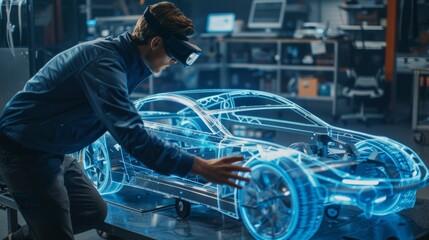 The Chief Engineer of an Industrial Factory uses virtual reality to design an electric car chassis on the Holographic Projection Blueprint. Futuristic Virtual Design of Mixed Technology Application.