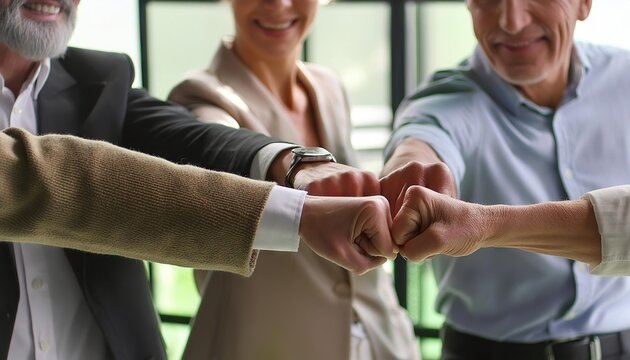 Happy motivated young and older generation multiracial business people joining fists, showing support and team spirit together 