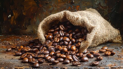 Dark Roast Revelation: Coffee Beans Spilling From Burlap Sack in Realistic Painting with Dramatic Shadows