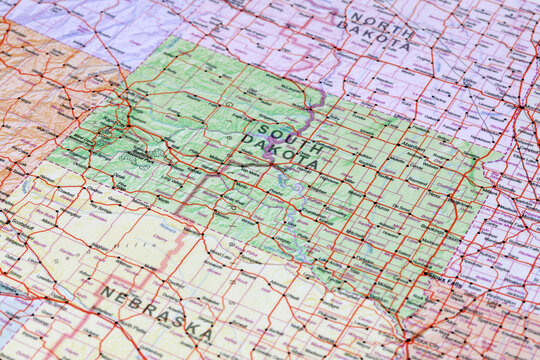 Sioux Falls, United States: Detailed South Dakota road map. Closeup macro view of State of South Dakota map