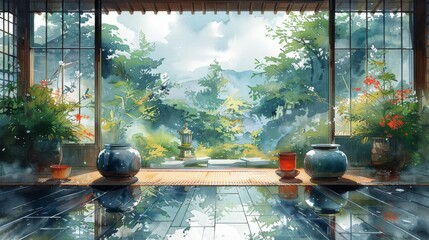 Serene Japanese Tea Room with Ceramic Tea Warmers on Tatami Mats - Watercolor Style Interior