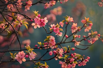 A tree with blooming pink flowers.