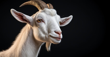 A close-up portrait of a majestic white goat with long, curved horns and a gentle expression, set against a dark background.