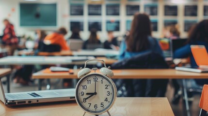 An alarm clock is placed on a desk in a classroom setting, indicating a scheduled time.