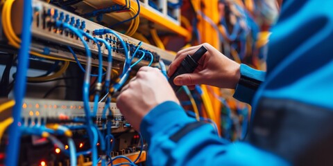 A technician is configuring or repairing network server cables, focusing on IT infrastructure