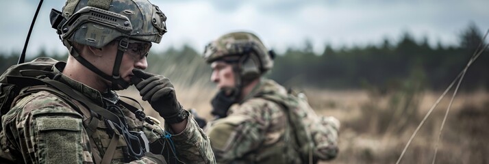 Fototapeta premium Two soldiers equipped with radio headsets in a natural setting, suggesting a military operation