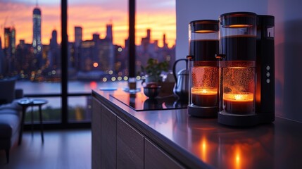 Modern City Apartment Espresso Warmers: Urban Elegance with Skyline View