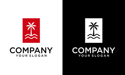 Abstract design summer logo template with palm trees. Modern minimal linear badge and emblem set for social media, vacations rentals and travel services.