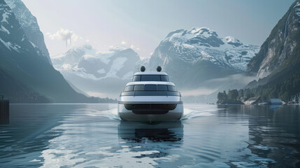 Hydrogen powered ferry gliding across a calm body of water, with a clear sky. Cutting edge technology and environmental benefits of zero emissions in maritime transport