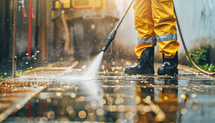 Worker in yellow rain gear power washing a wet pavement.