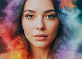 A woman with a colorful hair and a colorful background