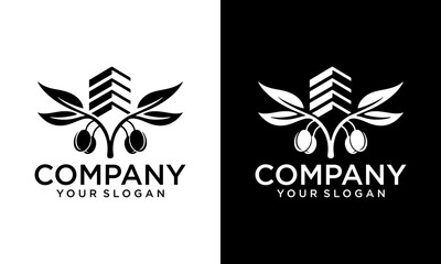 Creative Building Symbol with Olive Leaf  For Home Real Estate Residential Mortgage Apartment Building Logo Design