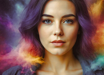 A woman with purple hair and blue eyes is staring at the camera. The image has a colorful and vibrant feel to it, with the purple hair and the colorful background. The woman's expression is serious