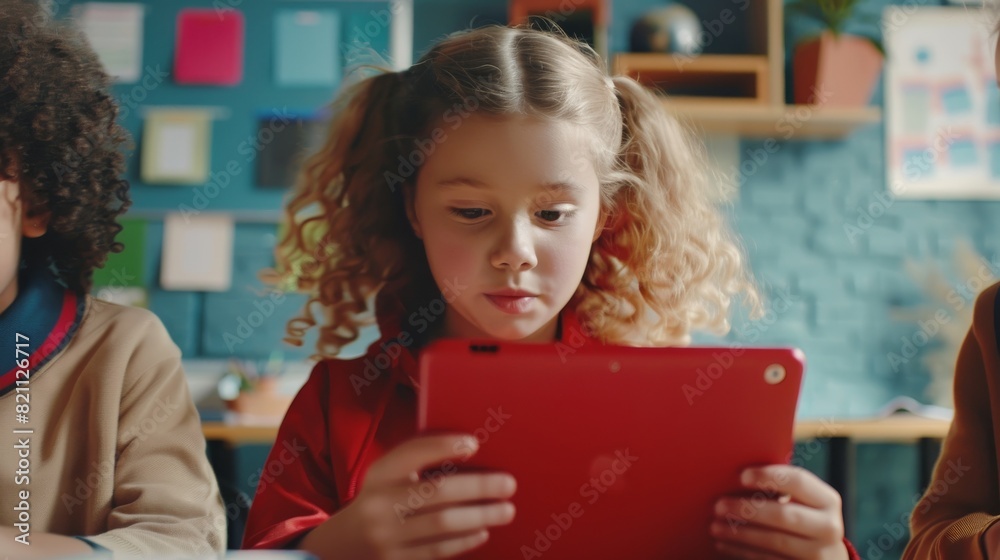 Poster using a digital tablet computer in elementary school computer science class. her classmate helps her