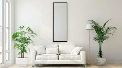 a modern black frame full-body mirror, accentuating a living room with its reflection of white walls, a cozy sofa, a stylish side table adorned with a potted plant, and the natural light streaming.