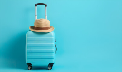 Traveler with blue suitcase and hat on a holiday journey.