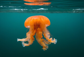  A vibrant orange jellyfish gracefully pulsates through a turquoise ocean, its tentacles trailing behind