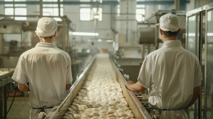 Fototapeta premium A Dumpling Factory employs two young male workers. They work with their backs to the camera and perform manual labor on the line. They wear a white sanitary hat and work robes.