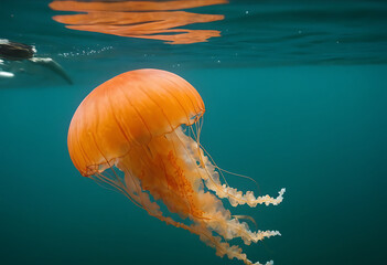  A vibrant orange jellyfish gracefully pulsates through a turquoise ocean, its tentacles trailing behind