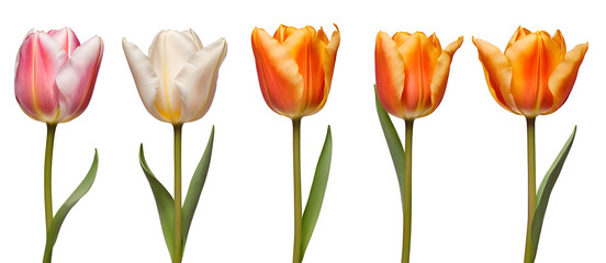 Five tulips with stems and leaves in various colors.