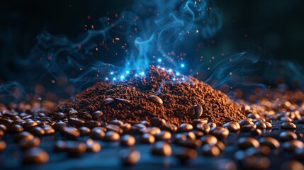 Cyberpunk Coffee Bean Fusion - Futuristic Holographic Data with Steamy Beans in Blue Glow