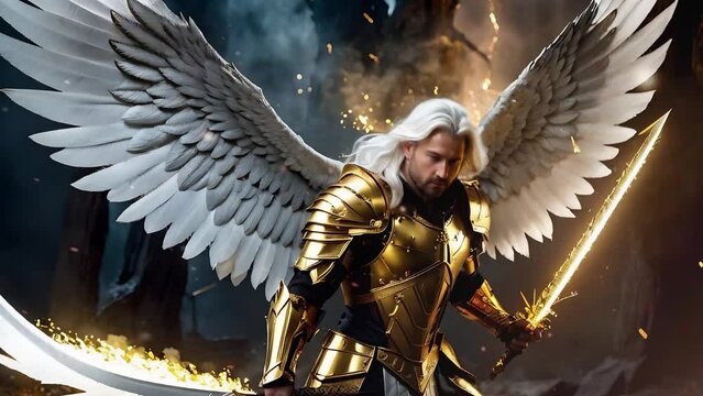 Archangel with Fiery Sword in Dark Atmosphere 4K features an A.I. generated video of an angelic wearing armor with wings outstretched and holding a sparking sword.