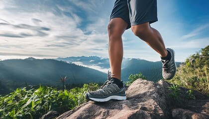  low angle view of legs with sports shoes running on a mountain on summer day , trekking or trail run concept image  - Powered by Adobe