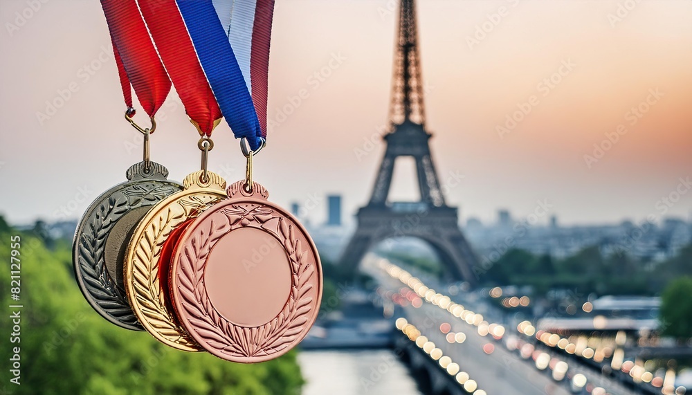 Wall mural medals against the backdrop of paris with the eiffel tower in a blurred background