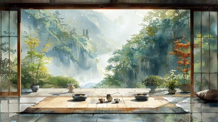 Tranquil Japanese Tea Room with Ceramic Tea Warmers on Tatami Mats in Watercolor Style