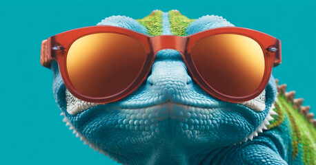 A lizard wearing sunglasses with a blue background