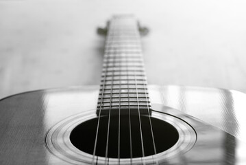 acoustic guitar macro abstract black and white , Used to play music and notes, for sing a song