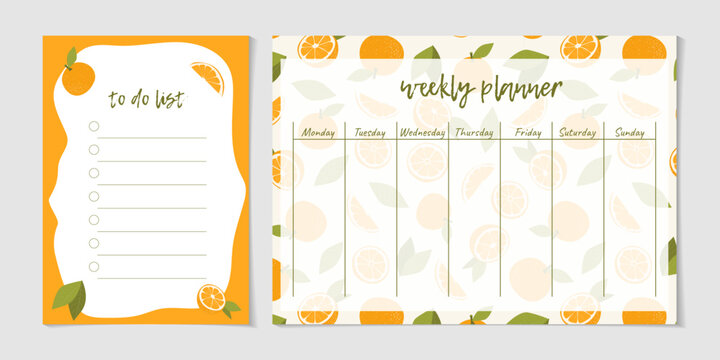 Cute weekly schedule and to do list with oranges. Template for notes planners, checklists journal and other stationery. Kids journal page design with fruits. Stylish sweet weekly planner