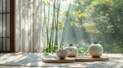 Serene Minimalist Tea Room with Ceramic Tea Warmers, Teacup, and Bamboo Plants for Peaceful Meditation